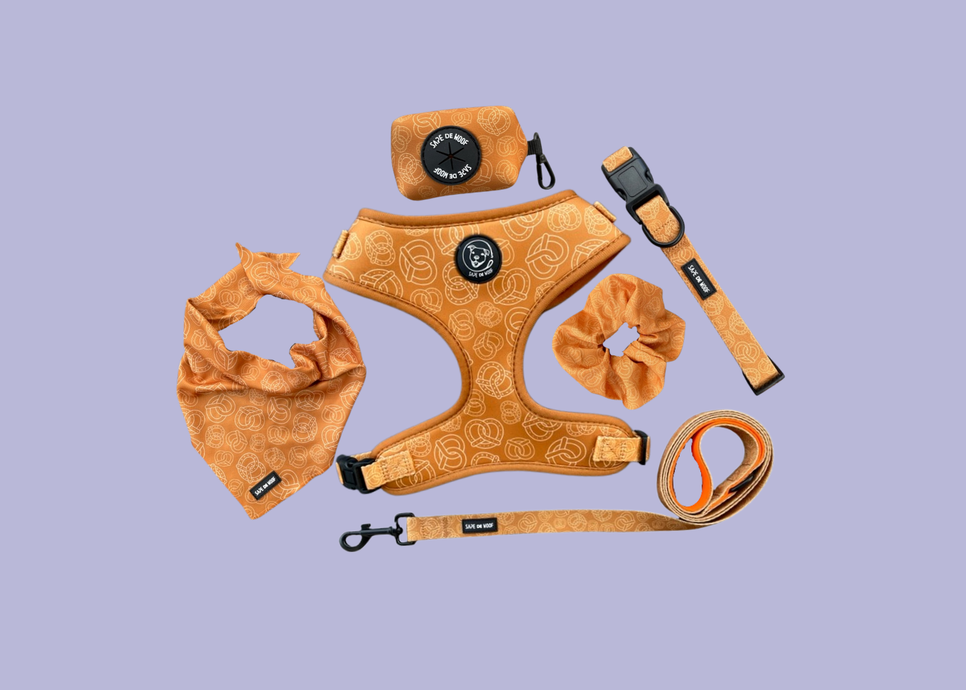 kit d'accessoires pour chien composé de six pièces motif Bretzel ou Choco-Terrazzo